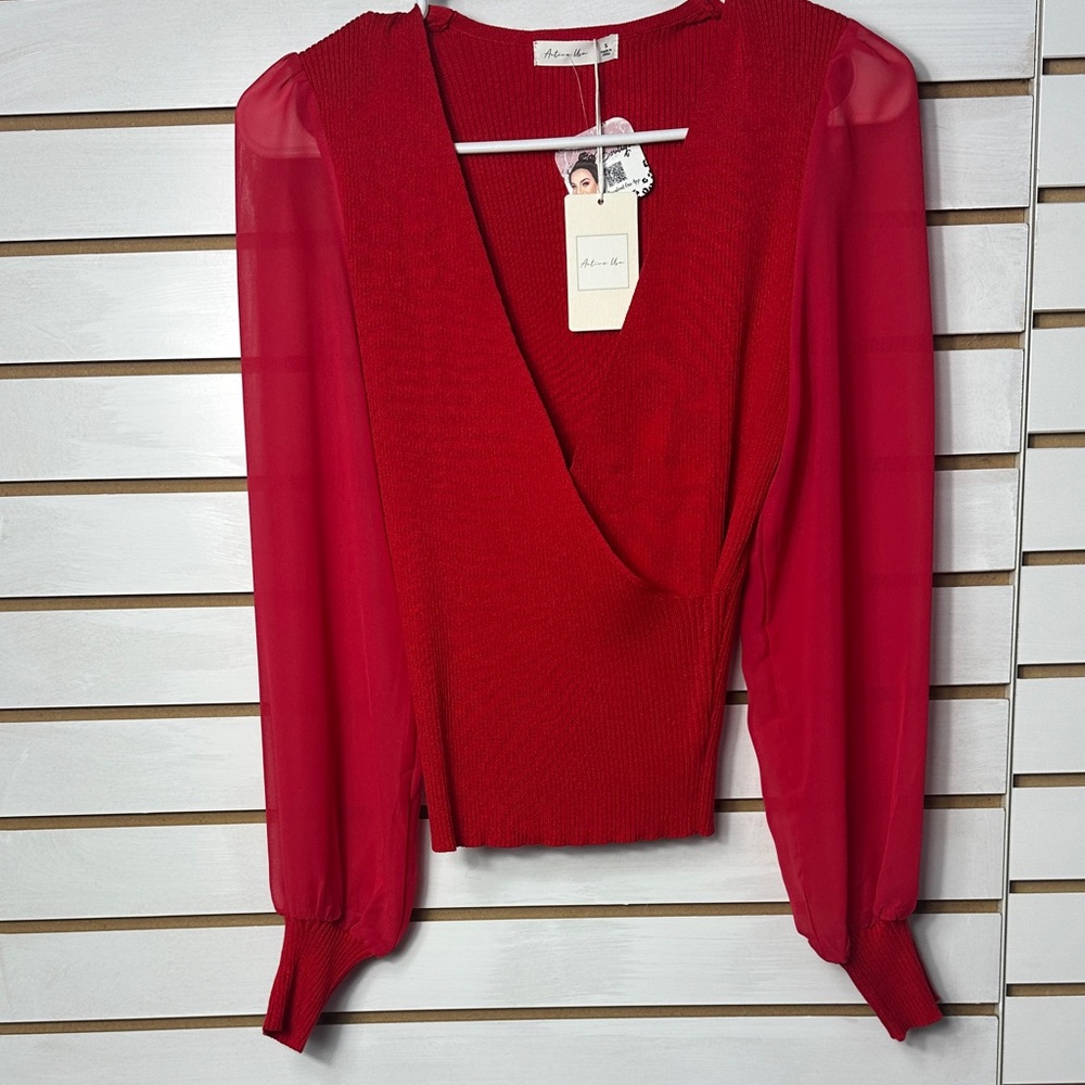 Red Sheer Sleeve Blouse